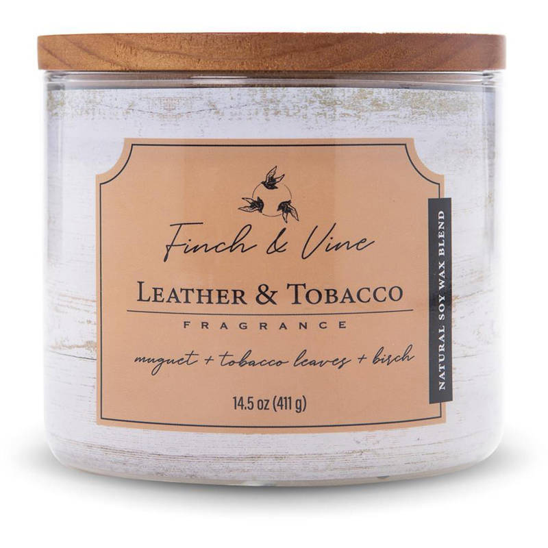 Colonial Candle Finch & Vine sojowa świeca zapachowa w szkle 3 knoty 14.5 oz 411 g - Leather & Tobacco